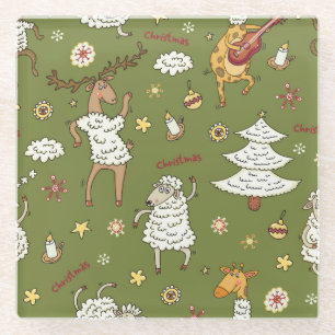 Weihnachtsschaf: Vintage Illustration von Tieren. Glasuntersetzer