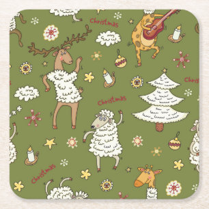 Weihnachtsschaf: Vintage Illustration von Tieren. Rechteckiger Pappuntersetzer