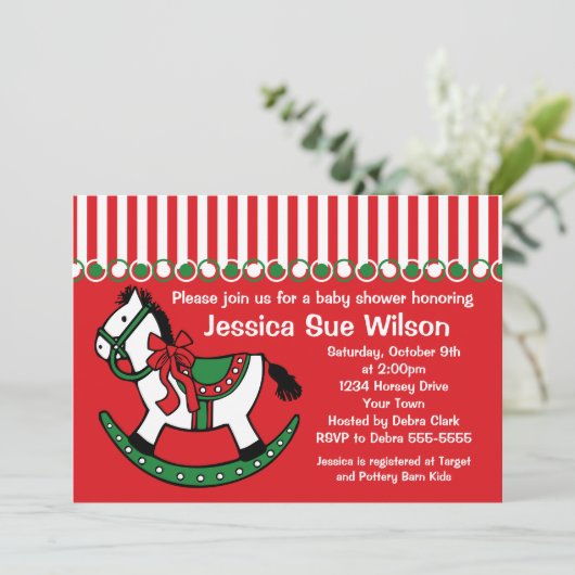WeihnachtsSchaukelpferd-Babyparty-Einladung Einladung (Stehend Vorderseite)