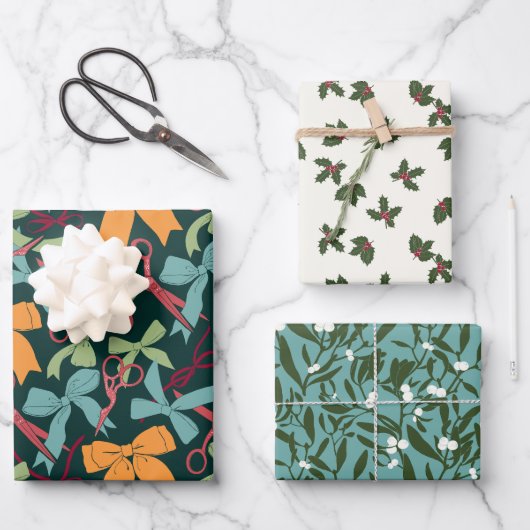Weihnachtsschere, Bows, Holly und Mistletoe Geschenkpapier Set (Vorderseite)