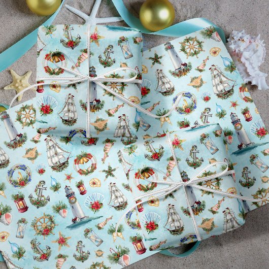 Weihnachtsschiff Leuchttürme Ozean Geschenkpapier Set