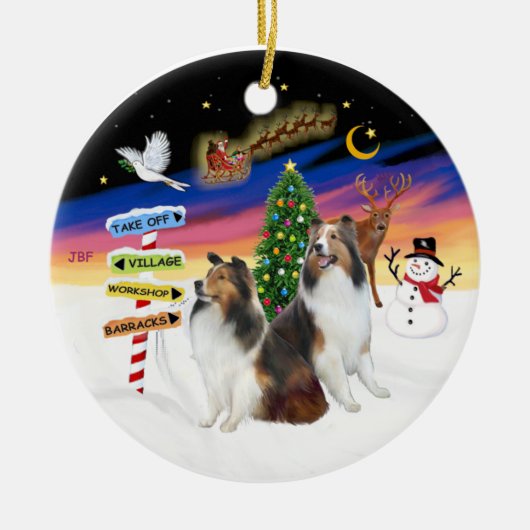 Weihnachtsschilder - Zwei Shetland Sheepdogs (D-L) Keramikornament (Vorne)