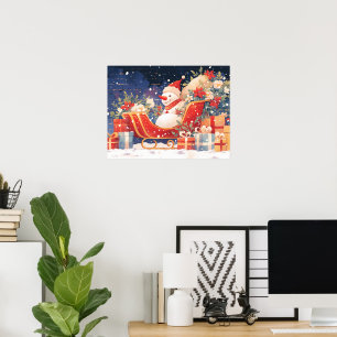 Weihnachtsschlitten mit Geschenken und Schneemann Poster