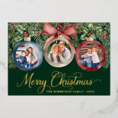 Weihnachtsschmuck Fotos Grün Gold Folien Feiertagskarte (Vorderseite)