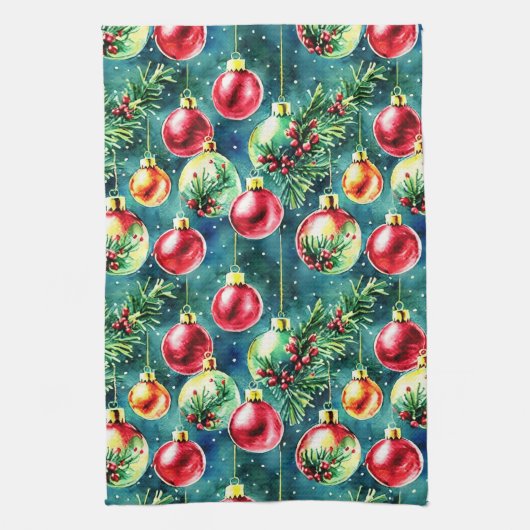 Weihnachtsschmuck in Aquarellen, rot und Aquamarin Geschirrtuch (Vertikal)