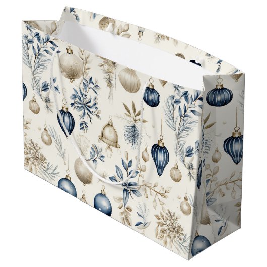 Weihnachtsschmuck in Blau und Beige Große Geschenktüte (Rückseite Schrägansicht)