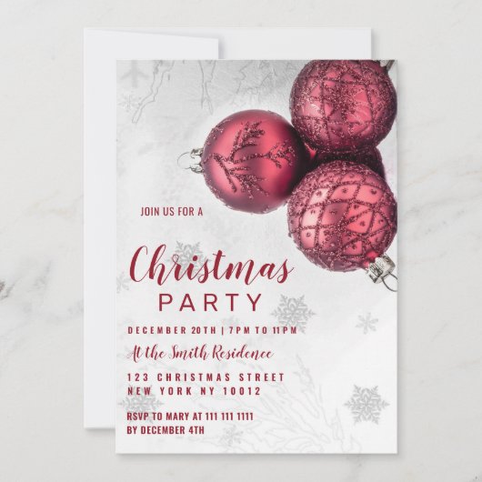 Weihnachtsschmuck in Silberbordeauxtönen, Rot-Glit Einladung (Vorderseite)
