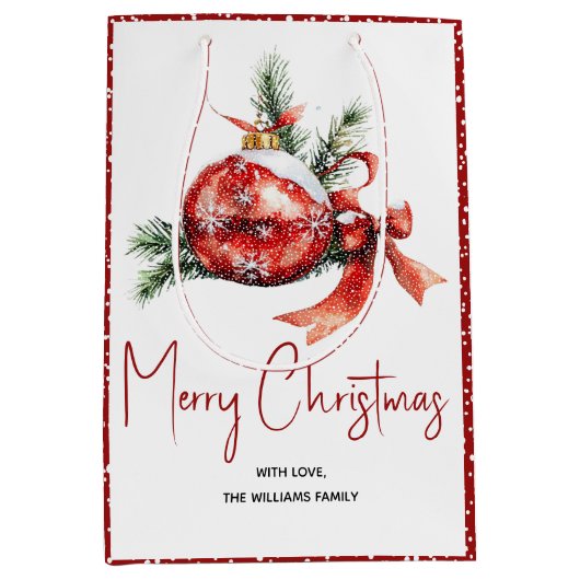 Weihnachtsschmuck mit rotem Bogen und Tannenverzwe Mittlere Geschenktüte (Vorderseite)