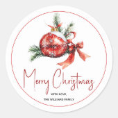Weihnachtsschmuck mit rotem Bogen und Tannenverzwe Runder Aufkleber (Vorderseite)