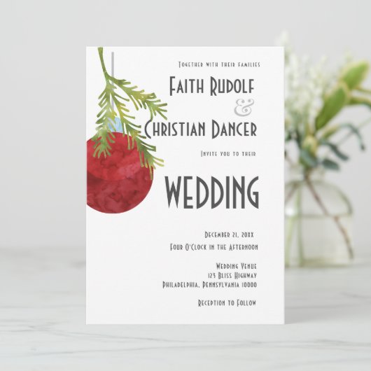 Weihnachtsschmuck Rot, Moderne Hochzeit Ankündigung (Stehend Vorderseite)