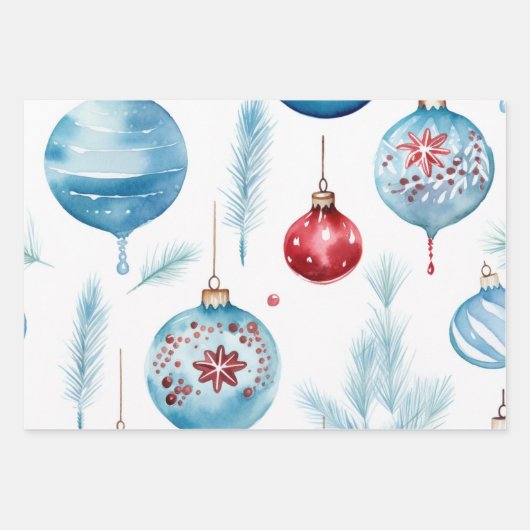 Weihnachtsschmuck und Kerzen Blau Grün und Rot Geschenkpapier Set (Vorderseite 2)