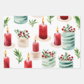 Weihnachtsschmuck und Kerzen Blau Grün und Rot Geschenkpapier Set (Vorderseite)