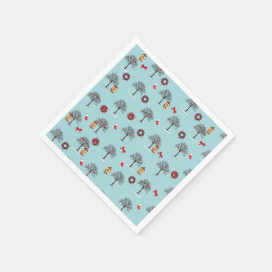 Weihnachtsschmuck und schneebedeckte Bäume Serviette (Ecke)