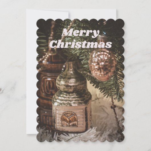 Weihnachtsschmuck und Weihnachtsbaum Feiertagskarte (Vorderseite)