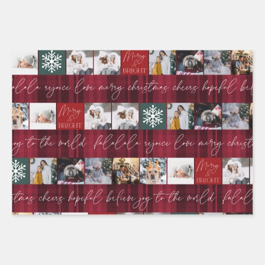 Weihnachtsschnee 8 Fotos Gitter Collage Rot karier Geschenkpapier Set (Vorderseite)