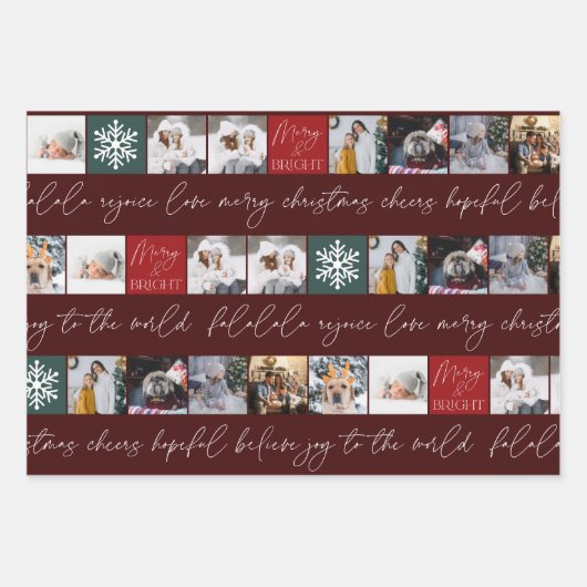 Weihnachtsschnee 8 Fotos Gitter Kiefer dunkelrot Geschenkpapier Set (Vorderseite)