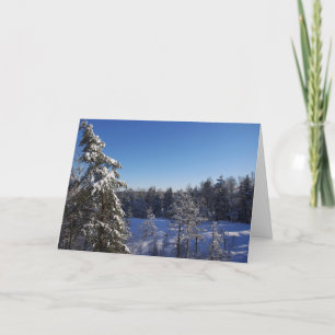 Weihnachtsschnee bedeckte Bäume im Winterwald Feiertagskarte