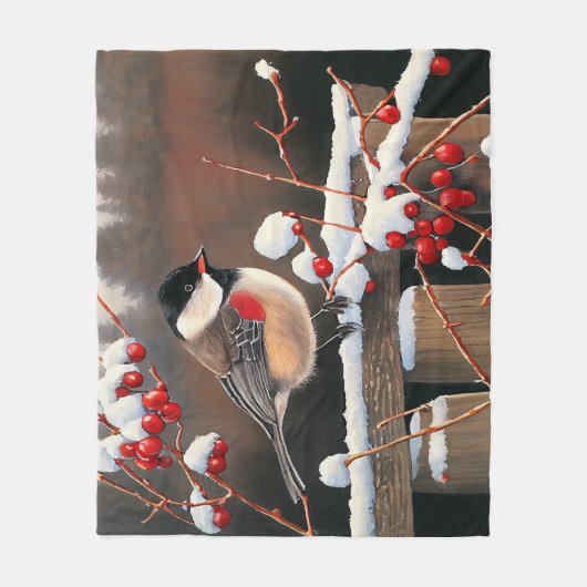 Weihnachtsschnee Black Cap Chickadee Red Berries Fleecedecke (Vorderseite)