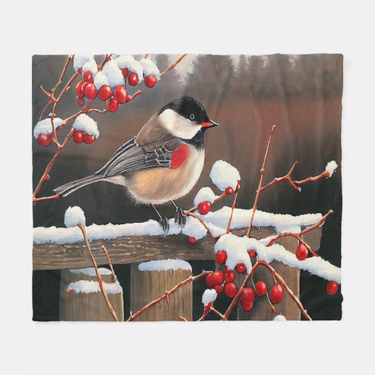 Weihnachtsschnee Black Cap Chickadee Red Berries Fleecedecke (Vorderseite (Horizontal))
