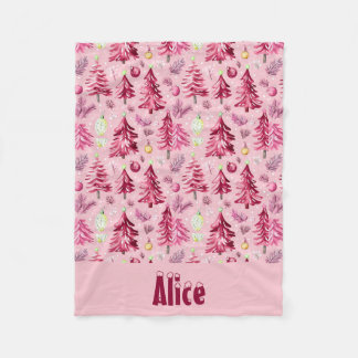 Weihnachtsschnee und Bäume Fuchsia & Rosa mit Name Fleecedecke