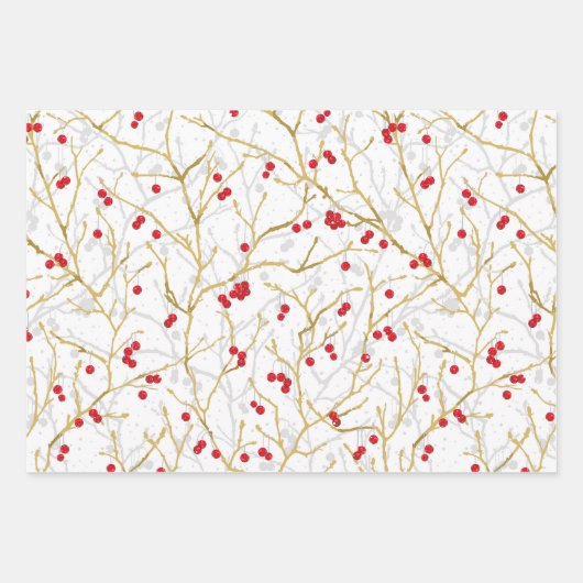 Weihnachtsschneebeeren | Gold/Grau/Rot/Wt | Geschenkpapier Set (Vorderseite)