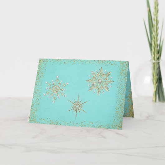 Weihnachtsschneeflocken Aqua & Gold Feiertagskarte (Vorderseite)