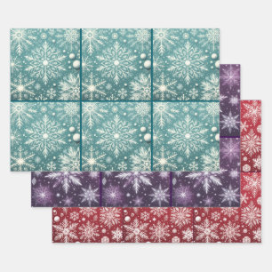 Weihnachtsschneeflocken Aquamarin Rot Lila Decoupa Geschenkpapier Set