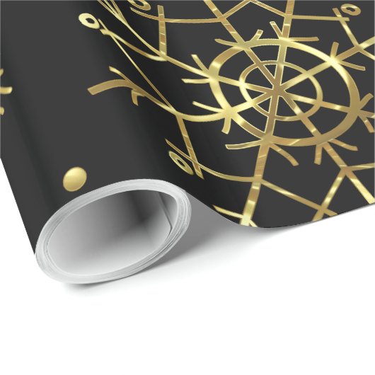 Weihnachtsschneeflocken aus Gold auf schwarz Geschenkpapier (Rolleneckpunkt)