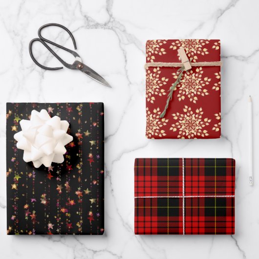 Weihnachtsschneeflocken Bright Stars Red Tartan Ka Geschenkpapier Set (Vorderseite)
