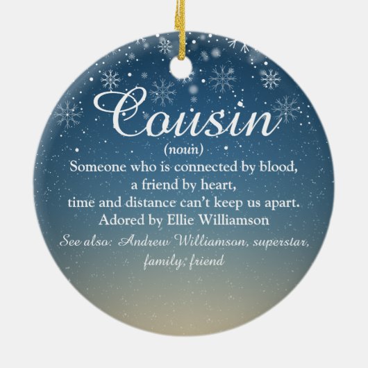 Weihnachtsschneeflocken Cousin Definition Skript Keramik Ornament (Hinten)