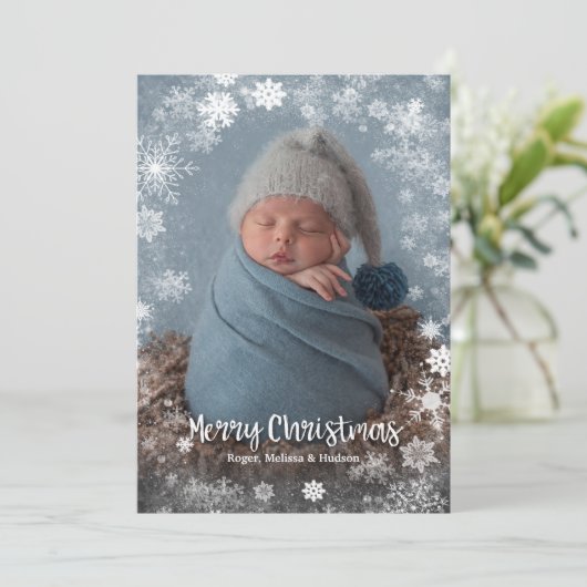 Weihnachtsschneeflocken Foto Geburtshinweise Feiertagskarte (Stehend Vorderseite)