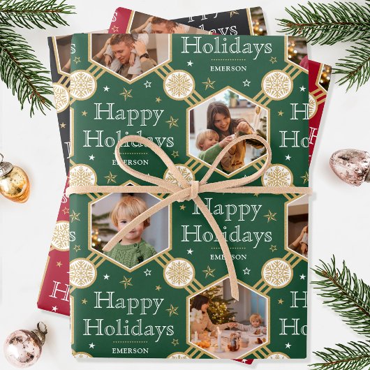 Weihnachtsschneeflocken Foto Grün Rot Schwarz 3 Geschenkpapier Set