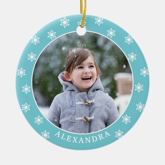 Weihnachtsschneeflocken Foto Name Blau Keramik Ornament (Vorne)