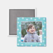 Weihnachtsschneeflocken Foto Name Blau Magnet (Vorderseite/Rückseite)