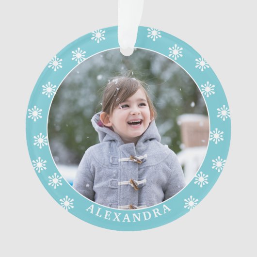 Weihnachtsschneeflocken Foto Name Blau Ornament (Vorderseite)