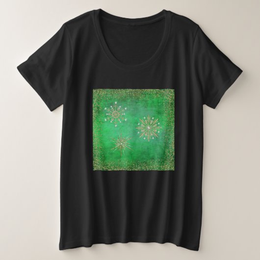 Weihnachtsschneeflocken Green & Gold Glitzer Plus Große Größe T-Shirt (Design vorne)