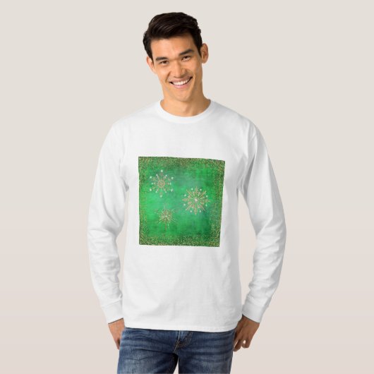 Weihnachtsschneeflocken Grün & Gold Glitzer T-Shirt (Vorne ganz)