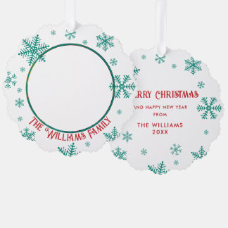 Weihnachtsschneeflocken Grünes Rotes Foto Ornament Karte