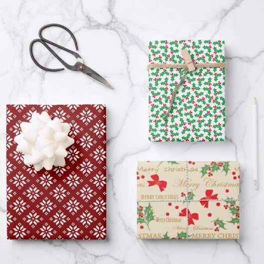 Weihnachtsschneeflocken, Holly Berries und Bows Geschenkpapier Set (Vorderseite)
