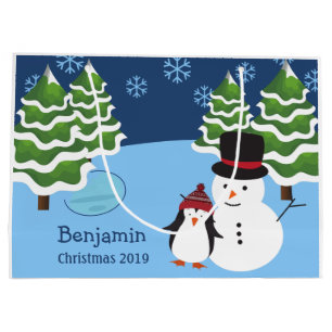Weihnachtsschneeflocken mit Pinguin und Name Große Geschenktüte