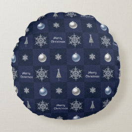 Weihnachtsschneeflocken, Ornamente und Bäume Rundes Kissen