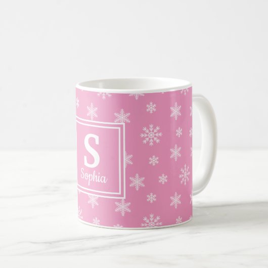 Weihnachtsschneeflocken Rosa Monogramm Kaffeetasse (VorderseiteRechts)