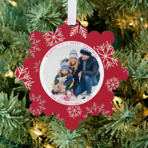 Weihnachtsschneeflocken Rotes Foto Ornament Card