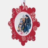 Weihnachtsschneeflocken Rotes Foto Ornament Card (Linke Ecke)
