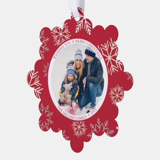 Weihnachtsschneeflocken Rotes Foto Ornament Card (Linke Ecke)
