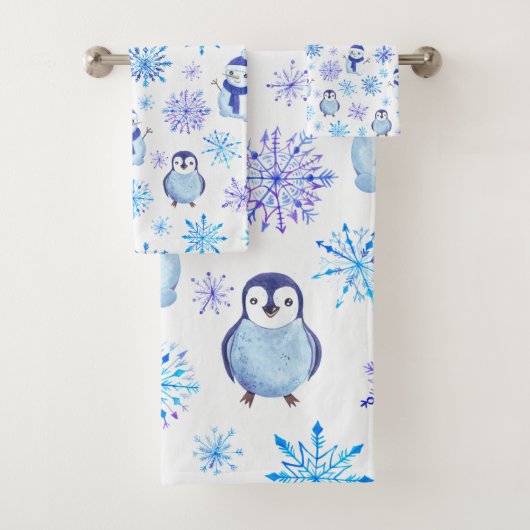 Weihnachtsschneeflocken, Schneemänner und Pinguine Badhandtuch Set (Insitu)