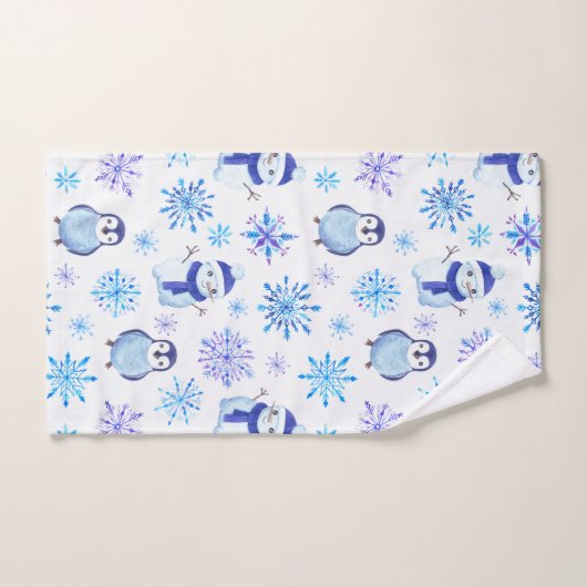 Weihnachtsschneeflocken, Schneemänner und Pinguine Badhandtuch Set (Handtuch)
