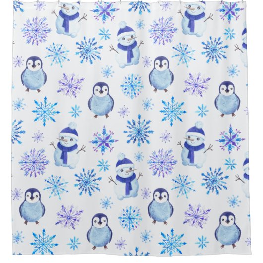 Weihnachtsschneeflocken, Schneemänner und Pinguine Duschvorhang (Vorderseite)
