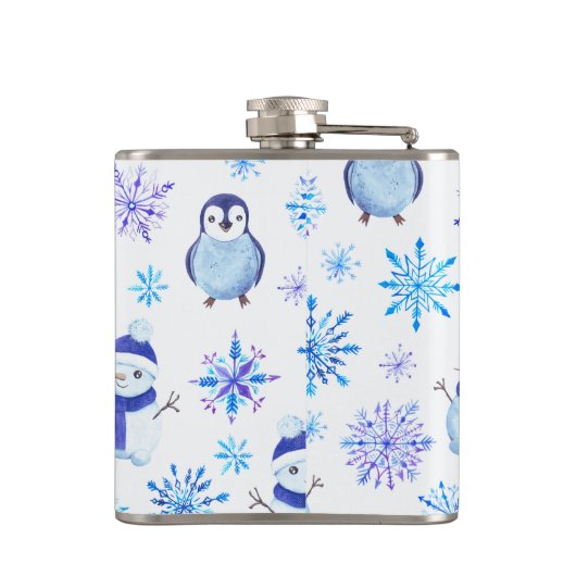 Weihnachtsschneeflocken, Schneemänner und Pinguine Flachmann (Rückseite)