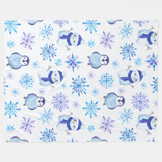 Weihnachtsschneeflocken, Schneemänner und Pinguine Fleecedecke (Vorderseite (Horizontal))